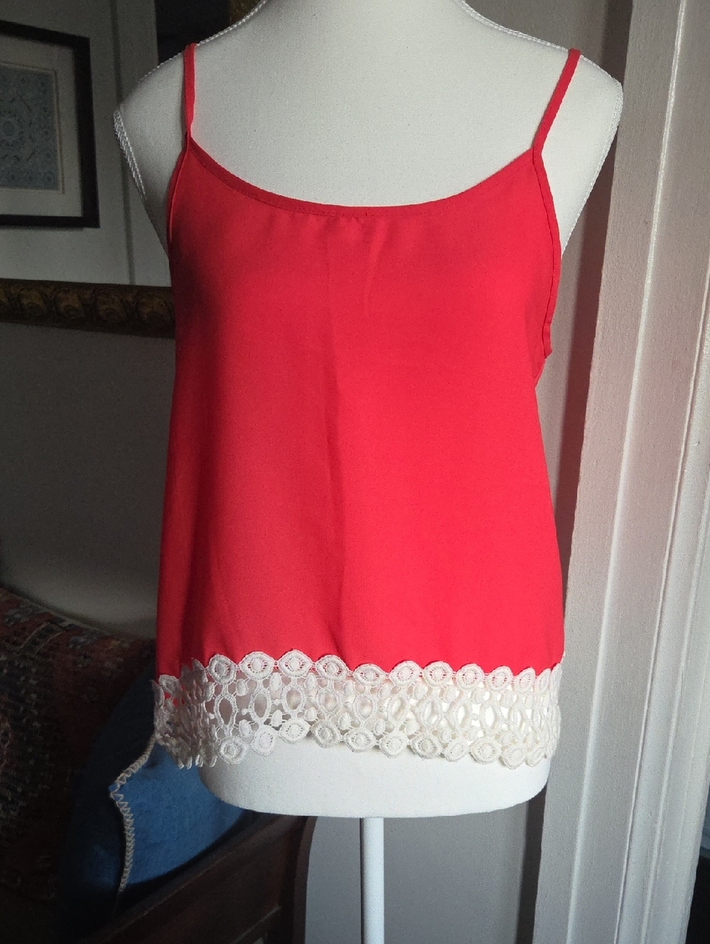 Coral Red Camisole with Cream Lace Trim
